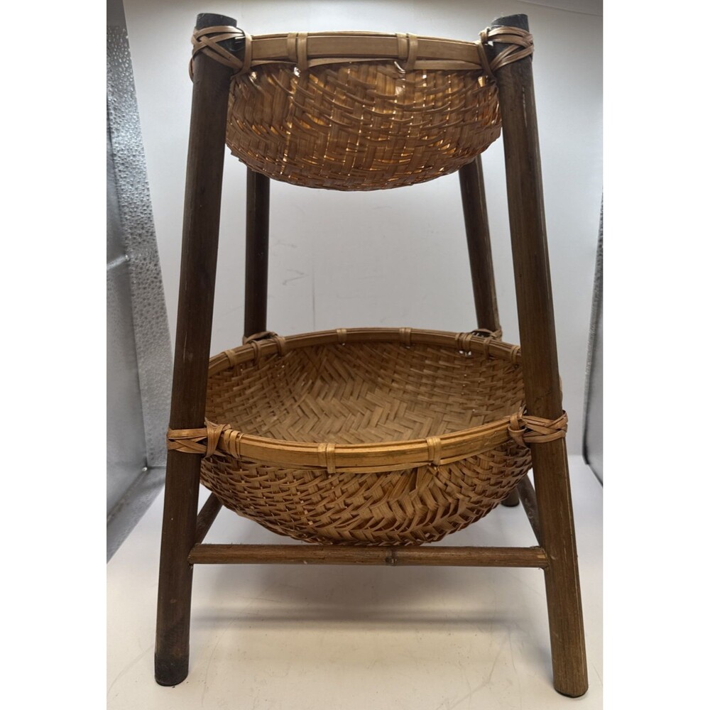 Vintage Two Tier Bamboo Rattan Wicker Basket Handmade Tiered Fruit Basket 12.5”